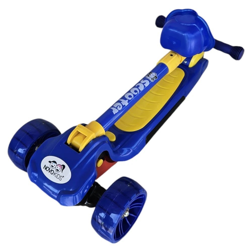 Novokids Trotineta pentru copii Mini Scooter 6160 Albastru cu roti luminoase din silicon melodii si lumini 3 roti pliabila maner reglabil greutate suportata 50 kg