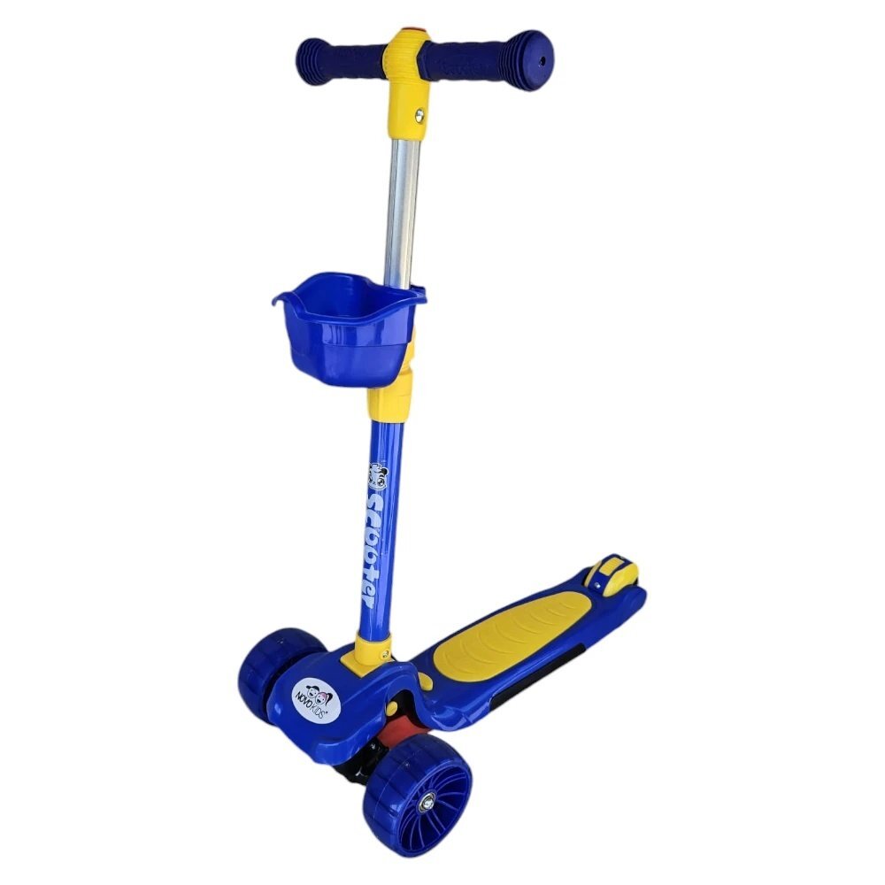 Novokids Trotineta pentru copii Mini Scooter 6160 Albastru cu roti luminoase din silicon melodii si lumini 3 roti pliabila maner reglabil greutate suportata 50 kg