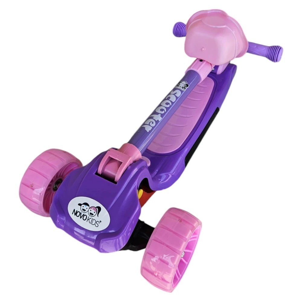 Novokids Trotineta pentru copii Mini Scooter 6160 RozMov cu roti luminoase din silicon melodii si lumini 3 roti pliabila maner reglabil greutate suportata 50 kg