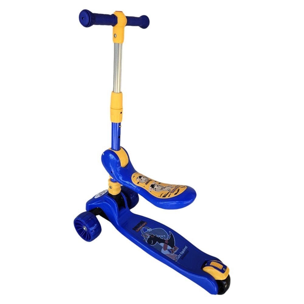 Novokids Trotineta pentru copii Mini Scooter 8010 Albastru 2 in 1 cu roti luminoase din silicon melodii 3 roti pliabila maner reglabil greutate suportata 50 kg