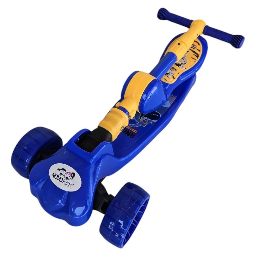 Novokids Trotineta pentru copii Mini Scooter 8010 Albastru 2 in 1 cu roti luminoase din silicon melodii 3 roti pliabila maner reglabil greutate suportata 50 kg