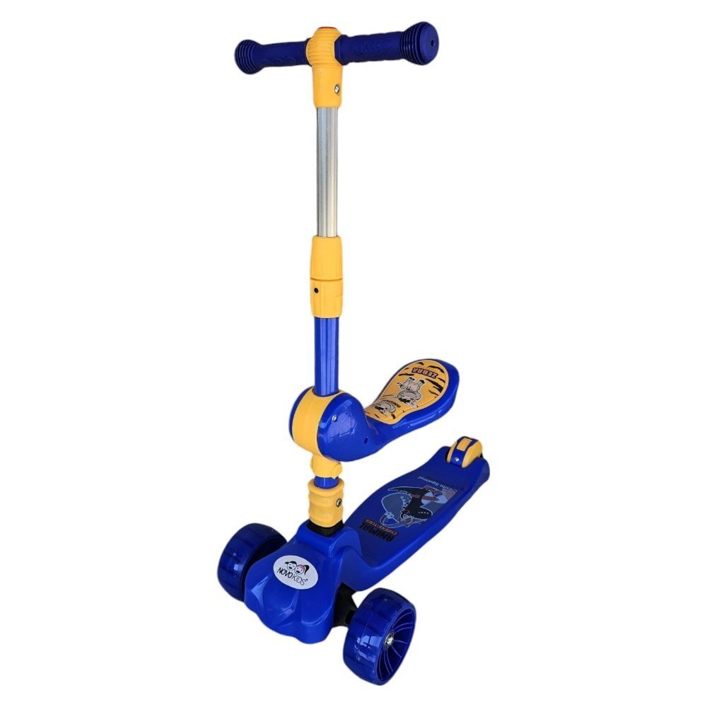 Novokids Trotineta pentru copii Mini Scooter 8010 Albastru 2 in 1 cu roti luminoase din silicon melodii 3 roti pliabila maner reglabil greutate suportata 50 kg