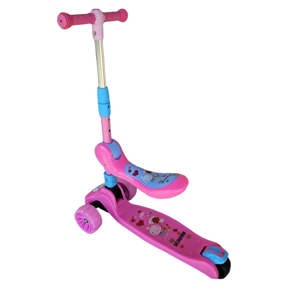Novokids Trotineta pentru copii Mini Scooter 8010 Roz 2 in 1 cu roti luminoase din silicon melodii 3 roti pliabila maner reglabil greutate suportata 50 kg