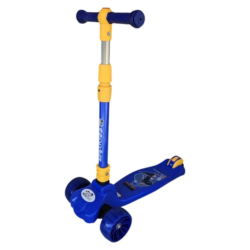 Novokids Trotineta pentru copii Mini Scooter 8020 Albastru cu roti luminoase din silicon melodii si lumini 3 roti pliabila maner reglabil pe inaltime greutate suportata 50 kg