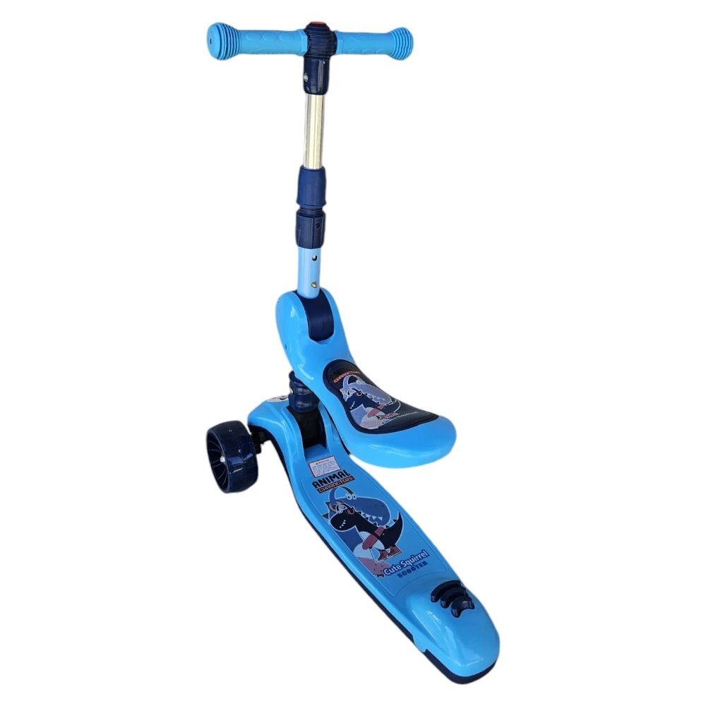 Novokids Trotineta pentru copii Mini Scooter 8130 Albastru 2 in 1 cu roti luminoase din silicon melodii 3 roti pliabila maner reglabil greutate suportata 50 kg
