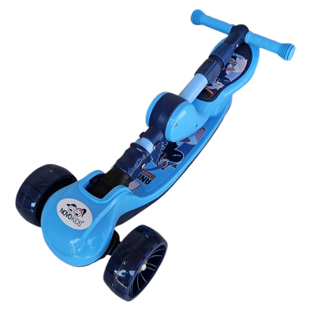 Novokids Trotineta pentru copii Mini Scooter 8130 Albastru 2 in 1 cu roti luminoase din silicon melodii 3 roti pliabila maner reglabil greutate suportata 50 kg