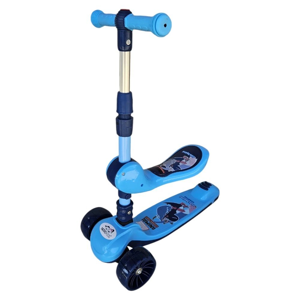 Novokids Trotineta pentru copii Mini Scooter 8130 Albastru 2 in 1 cu roti luminoase din silicon melodii 3 roti pliabila maner reglabil greutate suportata 50 kg