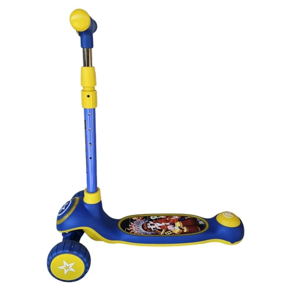 Novokids Trotineta pentru copii Mini Scooter 9080 Albastru cu roti luminoase din silicon melodii si lumini 3 roti pliabila maner reglabil pe inaltime greutate suportata 50 kg
