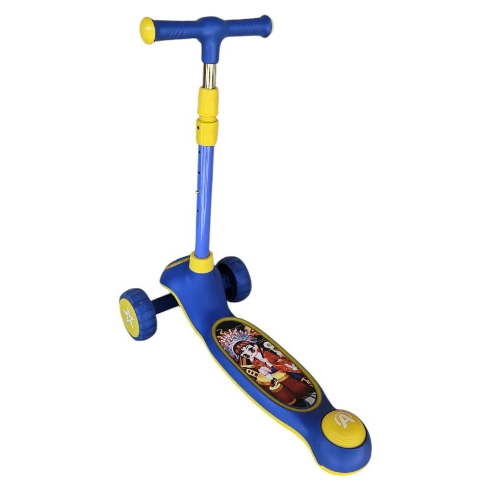 Novokids Trotineta pentru copii Mini Scooter 9080 Albastru cu roti luminoase din silicon melodii si lumini 3 roti pliabila maner reglabil pe inaltime greutate suportata 50 kg