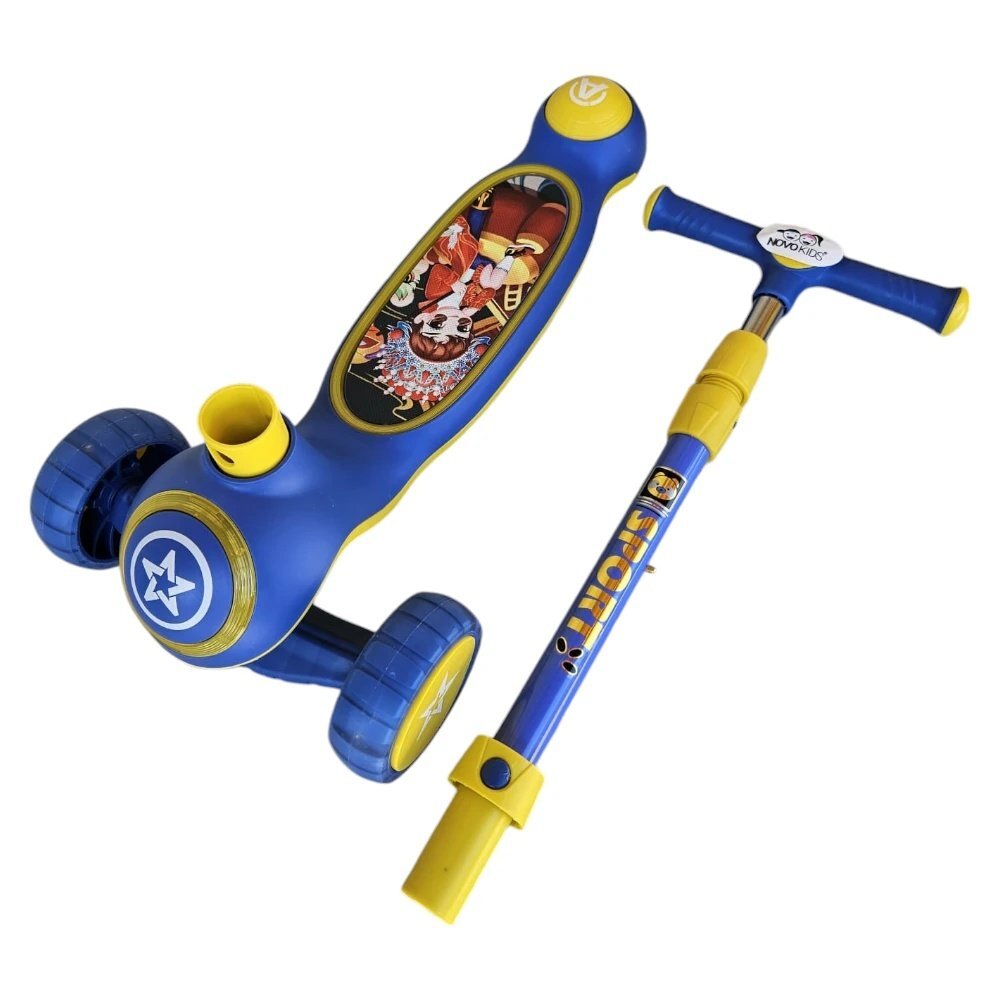 Novokids Trotineta pentru copii Mini Scooter 9080 Albastru cu roti luminoase din silicon melodii si lumini 3 roti pliabila maner reglabil pe inaltime greutate suportata 50 kg