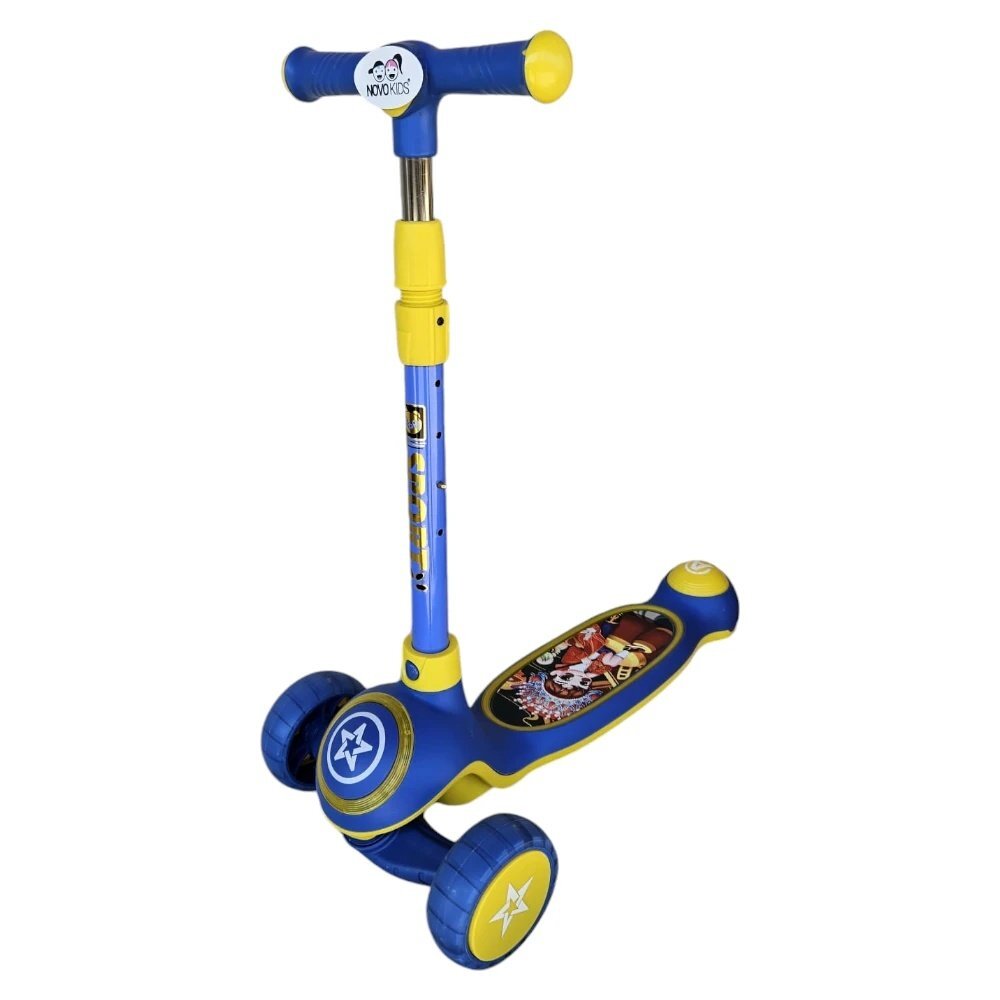 Novokids Trotineta pentru copii Mini Scooter 9080 Albastru cu roti luminoase din silicon melodii si lumini 3 roti pliabila maner reglabil pe inaltime greutate suportata 50 kg