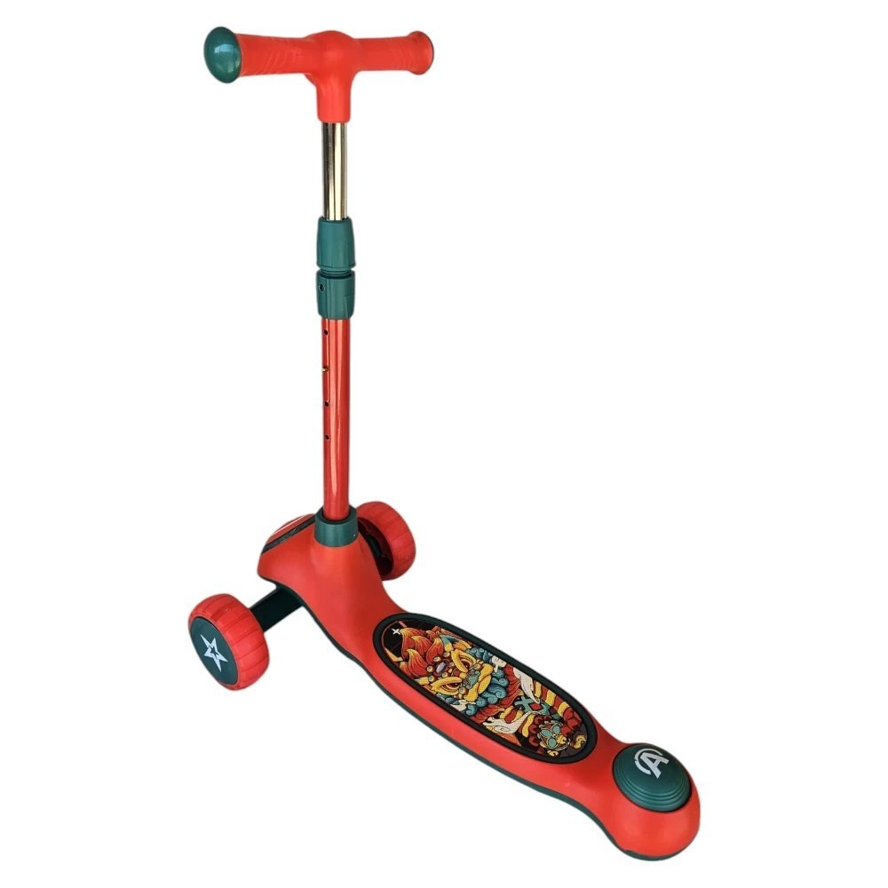 Novokids Trotineta pentru copii Mini Scooter 9080 Rosu cu roti luminoase din silicon melodii si lumini 3 roti pliabila maner reglabil pe inaltime greutate suportata 50 kg