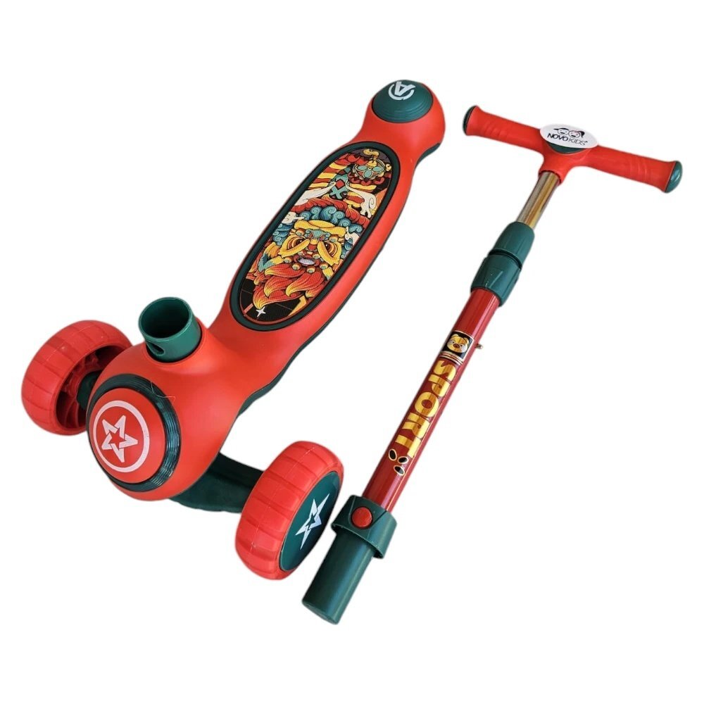 Novokids Trotineta pentru copii Mini Scooter 9080 Rosu cu roti luminoase din silicon melodii si lumini 3 roti pliabila maner reglabil pe inaltime greutate suportata 50 kg
