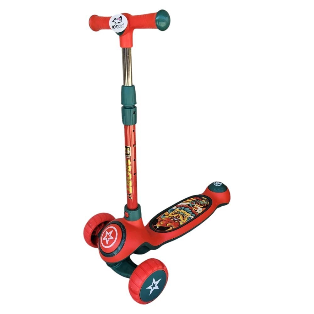 Novokids Trotineta pentru copii Mini Scooter 9080 Rosu cu roti luminoase din silicon melodii si lumini 3 roti pliabila maner reglabil pe inaltime greutate suportata 50 kg