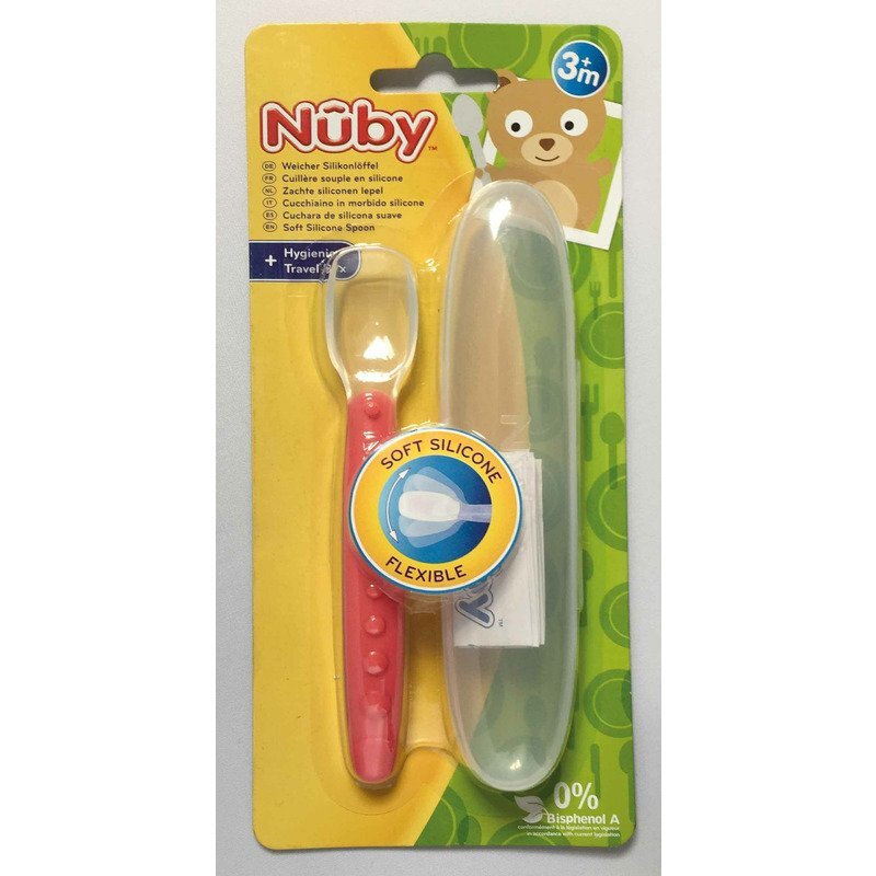 NUBY Lingura din silicon pentru bebelusi cu maner arcuit 3 luni+ albastru
