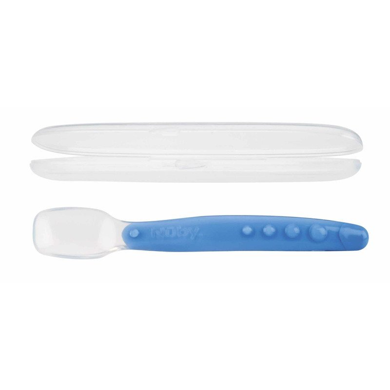 NUBY Lingura din silicon pentru bebelusi cu maner arcuit 3 luni+ albastru