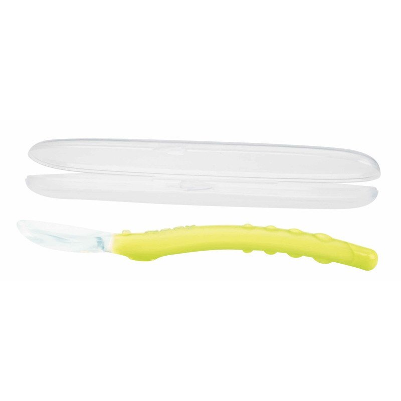 NUBY Lingura din silicon pentru bebelusi cu maner arcuit 3 luni+ galbenverde