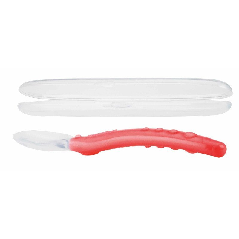 NUBY Lingura din silicon pentru bebelusi cu maner arcuit 3 luni+ rosu
