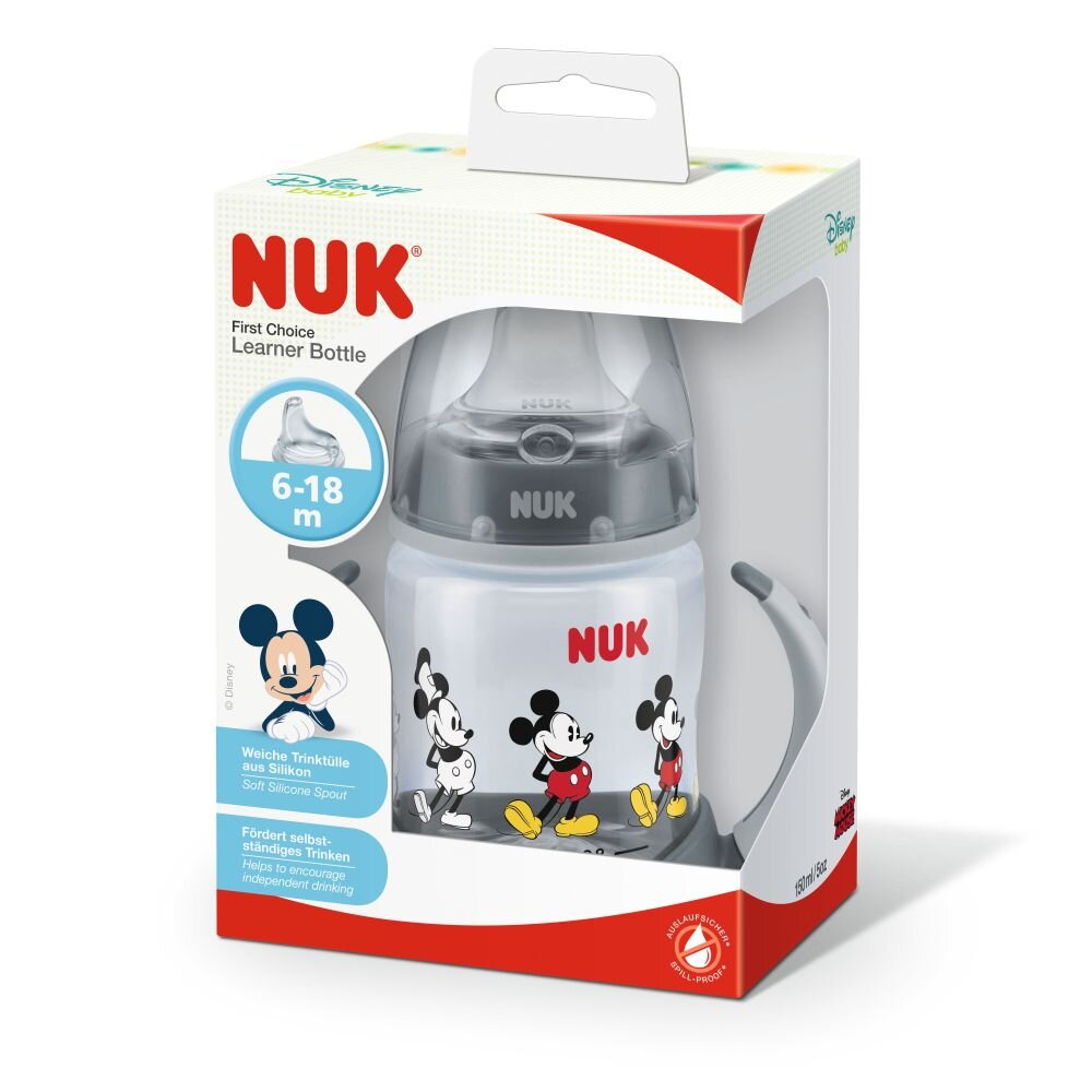 NUK Biberon First Choice 150ml cu toarte si adaptor din silicon Mickey gri 6 luni+