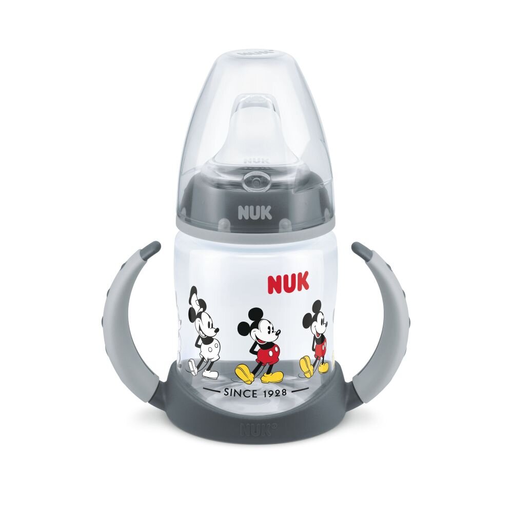 NUK Biberon First Choice 150ml cu toarte si adaptor din silicon Mickey gri 6 luni+