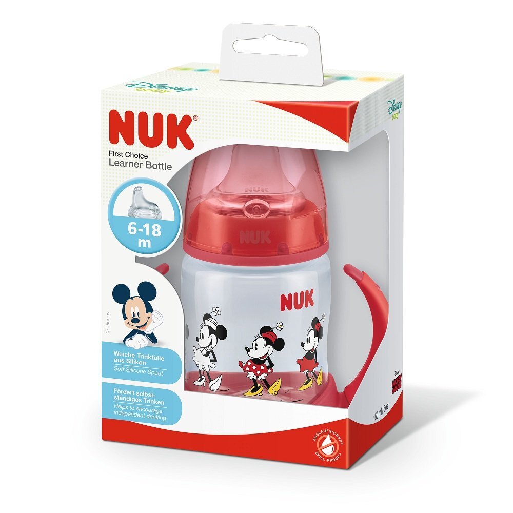 NUK Biberon First Choice 150ml cu toarte si adaptor din silicon Mickey rosu 6 luni+
