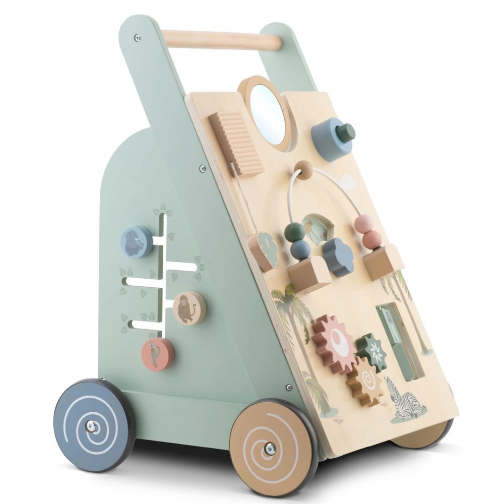 Nukido Antepremergator educational pentru copii Activity din lemn cu activitati maner de transport abac angrenaje rotative sortator cu forme roti stabile cu suprafata cauciucata