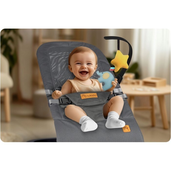 Nukido Balansoar 2in1 pentru bebelusi Baby Bouncer Gri deschis de la nastere si pana la 9kg pliabil centura de siguranta spatar reglabil husa detasabila si jucarii