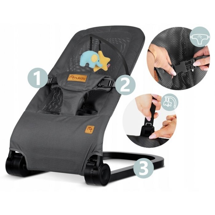 Nukido Balansoar 2in1 pentru bebelusi Baby Bouncer Gri deschis de la nastere si pana la 9kg pliabil centura de siguranta spatar reglabil husa detasabila si jucarii