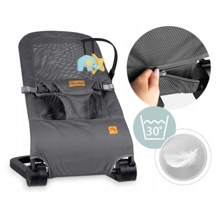 Nukido Balansoar 2in1 pentru bebelusi Baby Bouncer Gri deschis de la nastere si pana la 9kg pliabil centura de siguranta spatar reglabil husa detasabila si jucarii