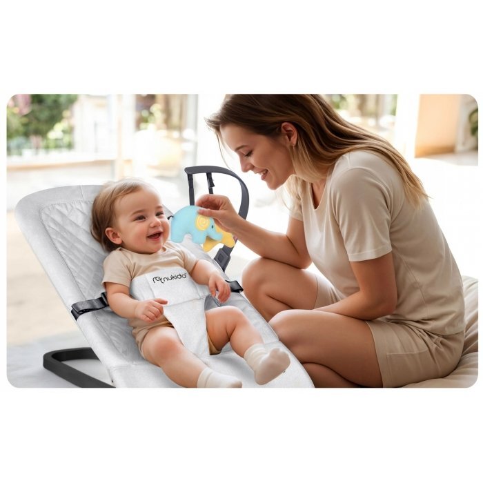 Nukido Balansoar 2in1 pentru bebelusi Baby Bouncer Gri deschis de la nastere si pana la 9kg pliabil centura de siguranta spatar reglabil husa detasabila si jucarii