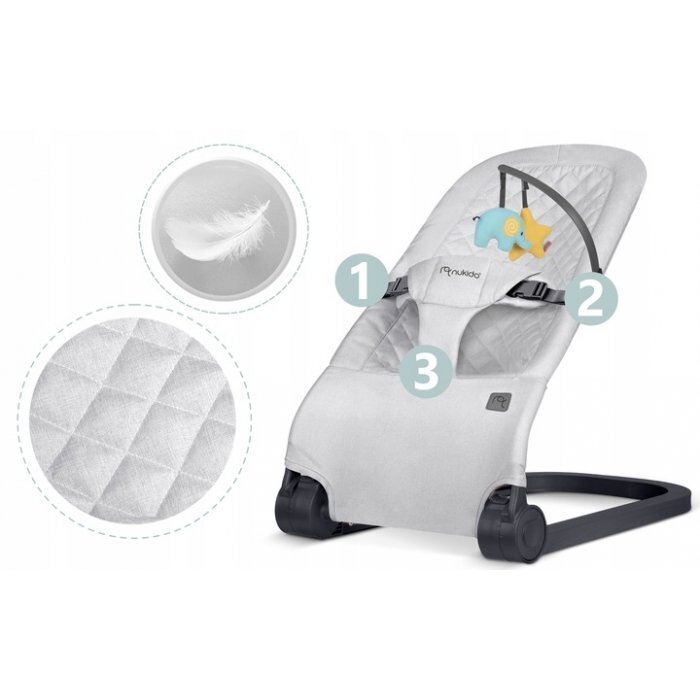 Nukido Balansoar 2in1 pentru bebelusi Baby Bouncer Gri deschis de la nastere si pana la 9kg pliabil centura de siguranta spatar reglabil husa detasabila si jucarii