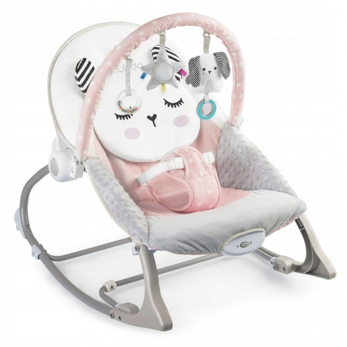 Nukido Balansoar multifunctional cu vibratii si arcada cu jucariihusa detasabilabaza antiderapanta si centuri de siguranta Panda Roz