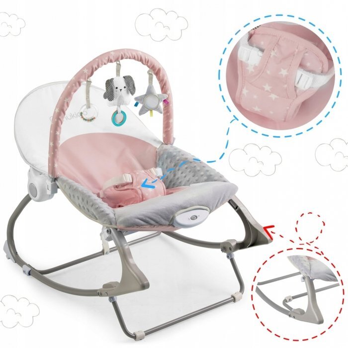 Nukido Balansoar multifunctional cu vibratii si arcada cu jucariihusa detasabilabaza antiderapanta si centuri de siguranta Panda Roz