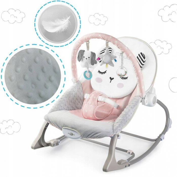 Nukido Balansoar multifunctional cu vibratii si arcada cu jucariihusa detasabilabaza antiderapanta si centuri de siguranta Panda Roz