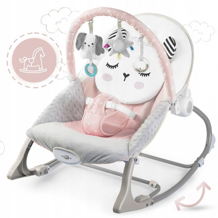 Nukido Balansoar multifunctional cu vibratii si arcada cu jucariihusa detasabilabaza antiderapanta si centuri de siguranta Panda Roz