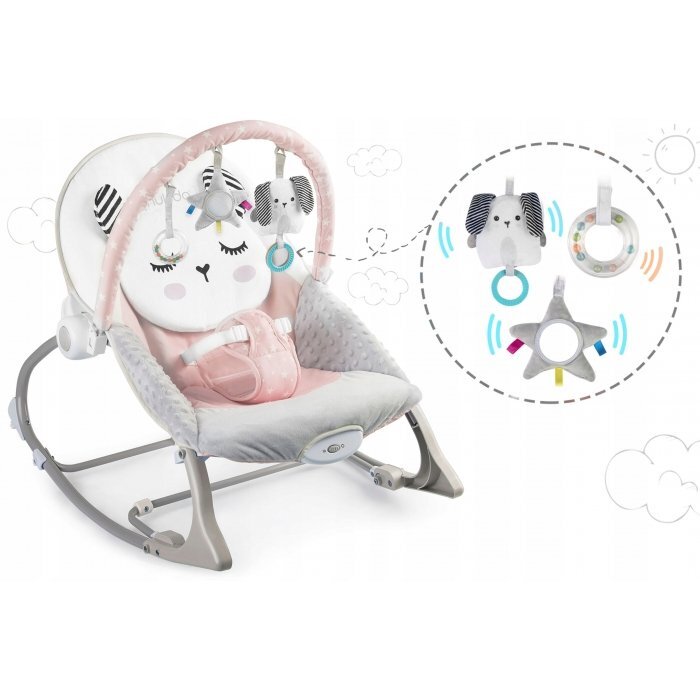 Nukido Balansoar multifunctional cu vibratii si arcada cu jucariihusa detasabilabaza antiderapanta si centuri de siguranta Panda Roz
