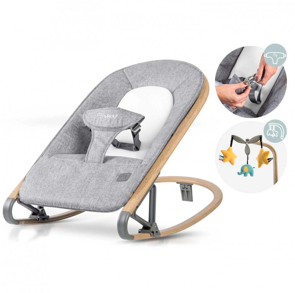Nukido Balansoar pentru bebelusi cu pliere compactaspatar reglabilcentura de sigurantahusa detasabilajucarii detasabilede la nastere pana la 9kg Gri