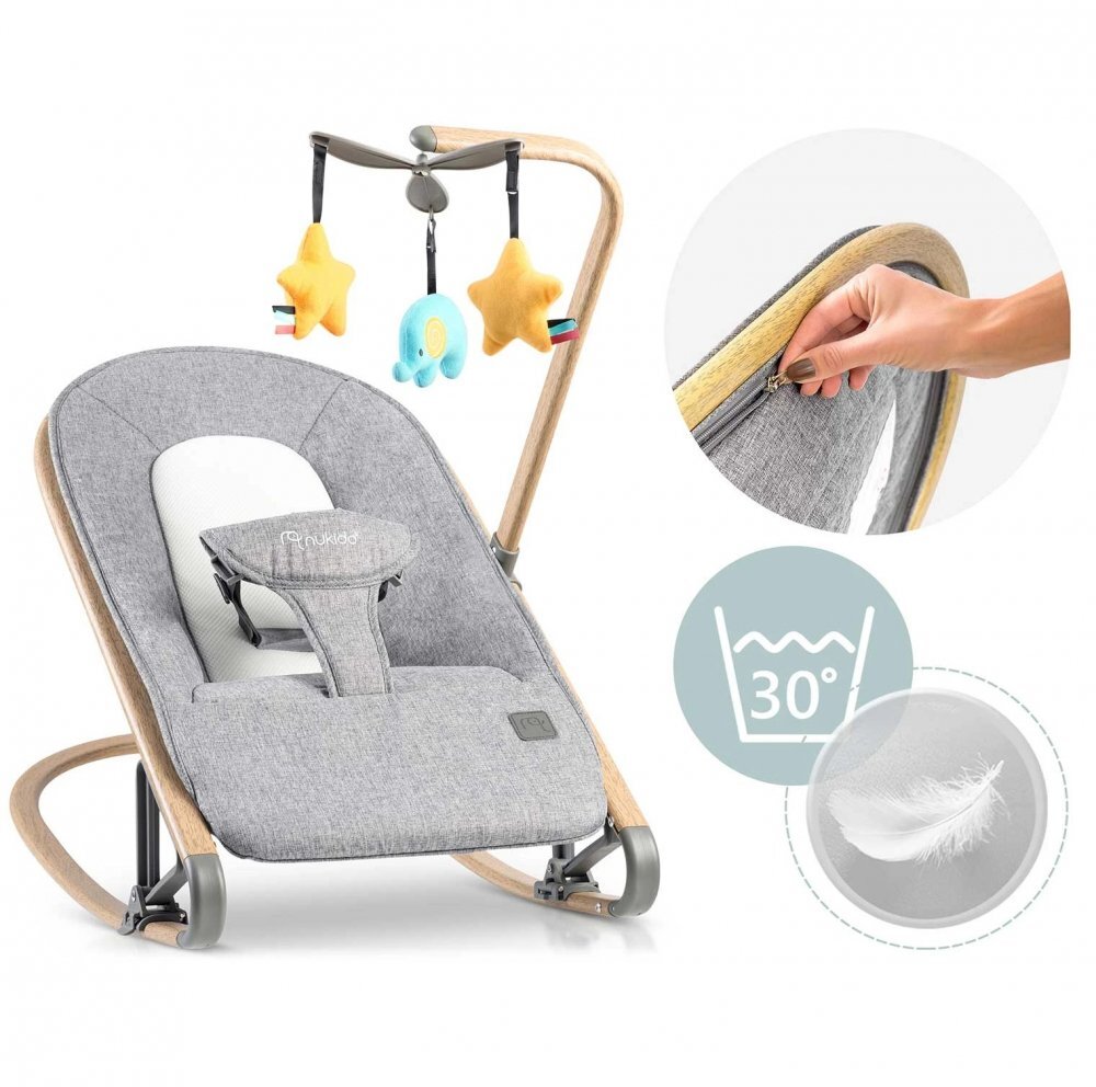 Nukido Balansoar pentru bebelusi cu pliere compactaspatar reglabilcentura de sigurantahusa detasabilajucarii detasabilede la nastere pana la 9kg Gri