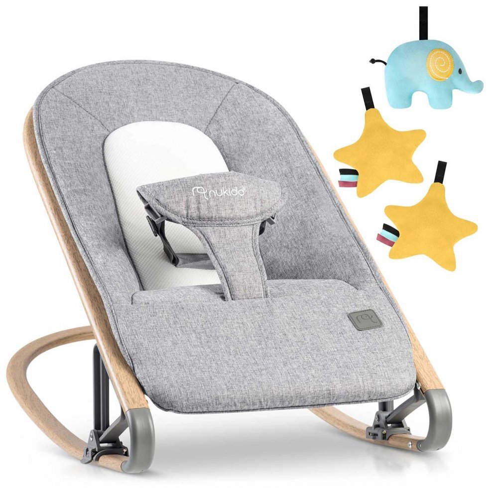 Nukido Balansoar pentru bebelusi cu pliere compactaspatar reglabilcentura de sigurantahusa detasabilajucarii detasabilede la nastere pana la 9kg Gri