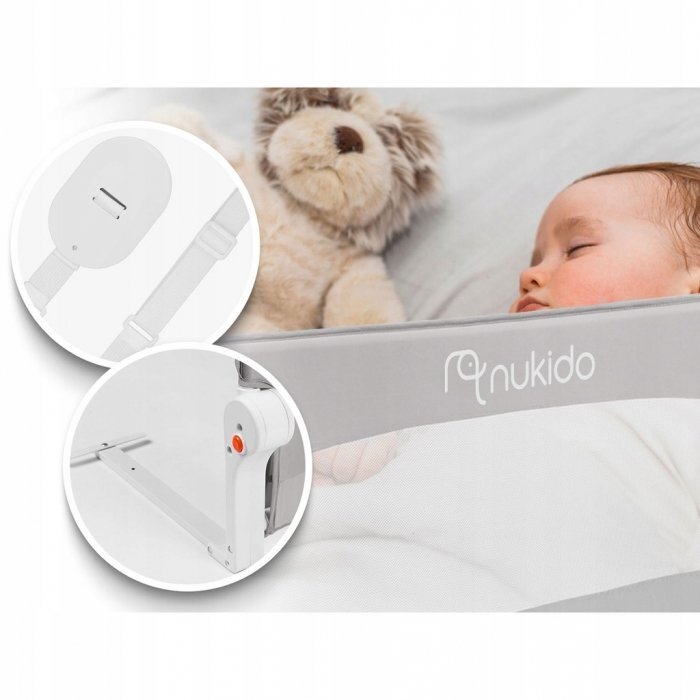 Nukido Bariera de protectie pentru pat copii Gri 180 x 35 x 42 cmcadru rezistentsistem de siguranta impotriva plierii accidentalecenturi de siguranta si buzunar de depozitare