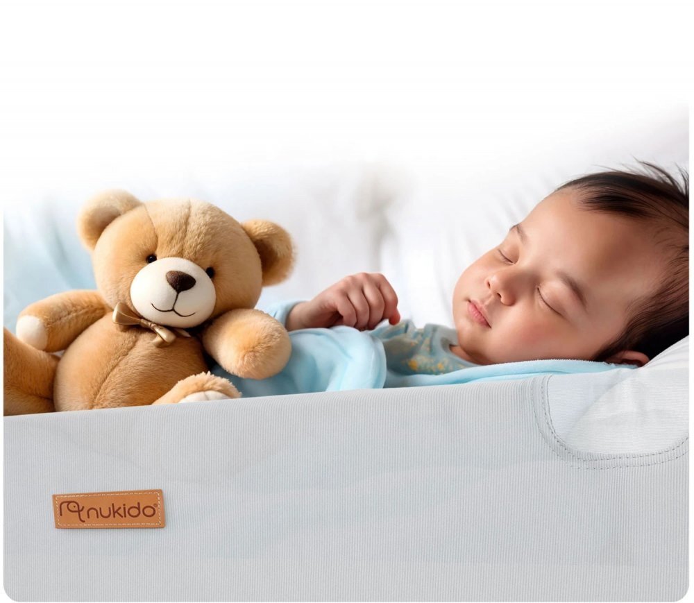 Nukido Bariera de protectie pentru pat Gri 150x44x41 cm pliabila Husa detasabila Colturi rotunjite Sistem de blocare impotriva plierii accidentale Geanta cu fermoar inclusa
