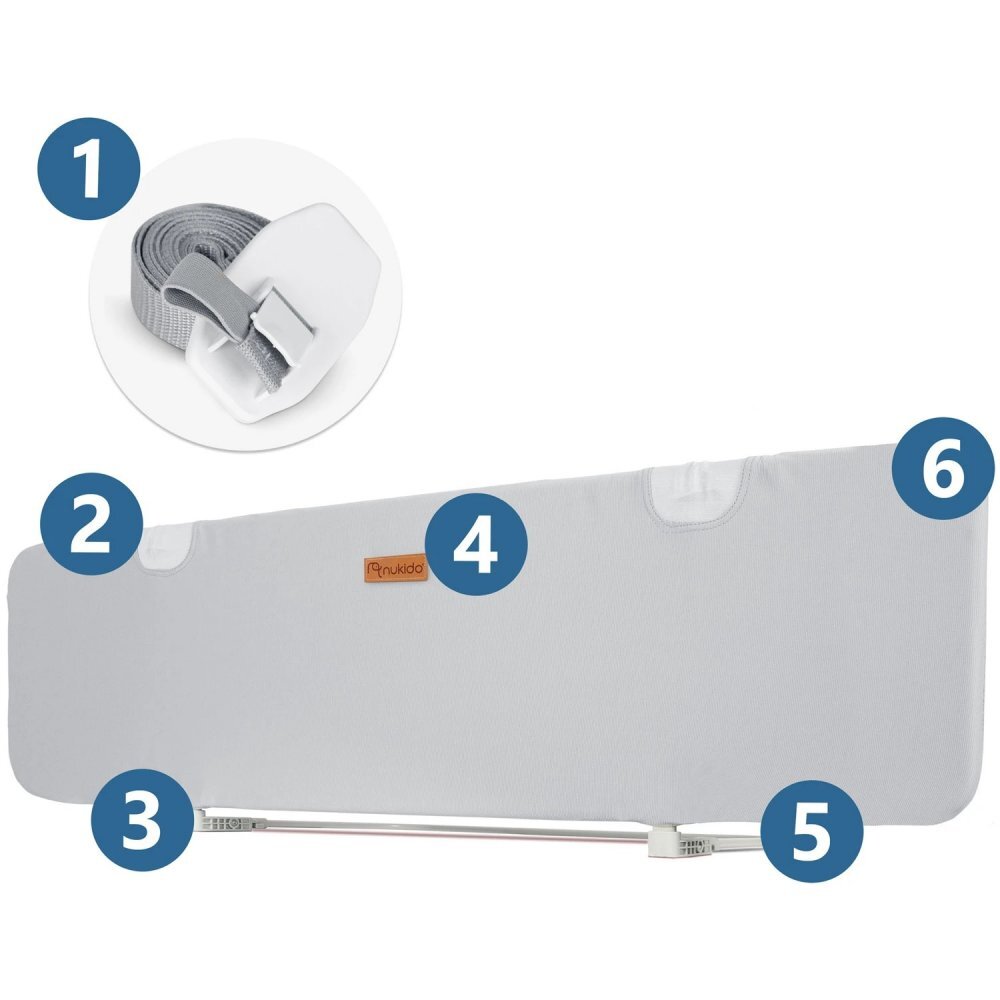 Nukido Bariera de protectie pentru pat Gri 150x44x41 cm pliabila Husa detasabila Colturi rotunjite Sistem de blocare impotriva plierii accidentale Geanta cu fermoar inclusa