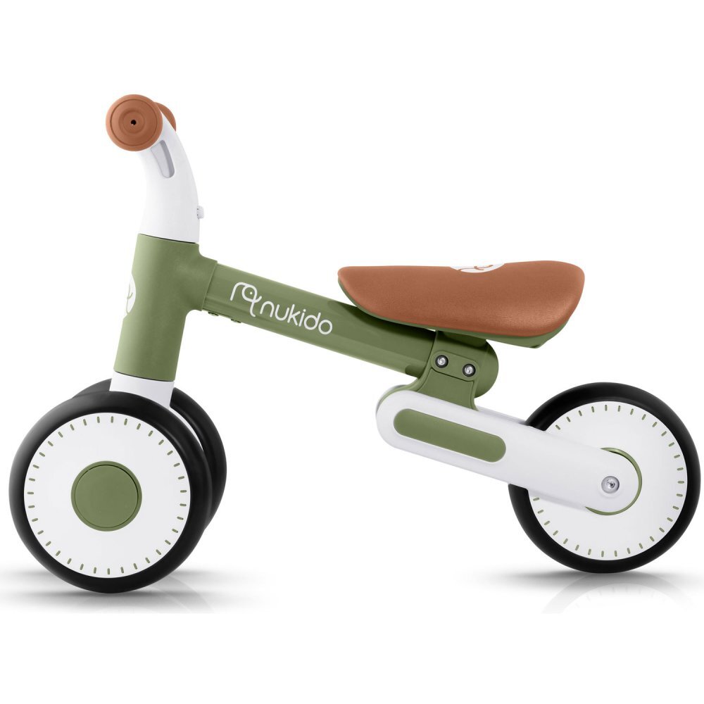 Nukido Bicicleta de echilibru Ride On Verde Inchisde la 12 luniscaun moaleinaltime sezut reglabilaroti din spuma EVAcadru rezistentmanere ergonomice cu opritoareUnghi de virare sigur al rotii cu protectie anti-rotatie