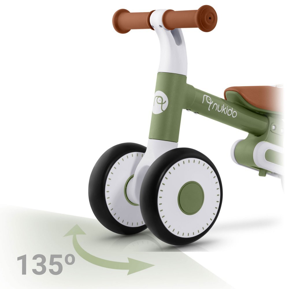 Nukido Bicicleta de echilibru Ride On Verde Inchisde la 12 luniscaun moaleinaltime sezut reglabilaroti din spuma EVAcadru rezistentmanere ergonomice cu opritoareUnghi de virare sigur al rotii cu protectie anti-rotatie