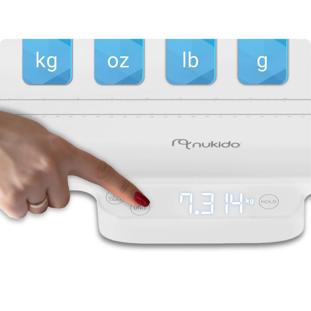 Nukido Cantar electronic pentru copii White cu unitati de masura multiple ecran LCD capacitate maxima 40 kg Functie Hold Taliometru Precizie 0.5g Dimensiune 60.5 x 30 cm