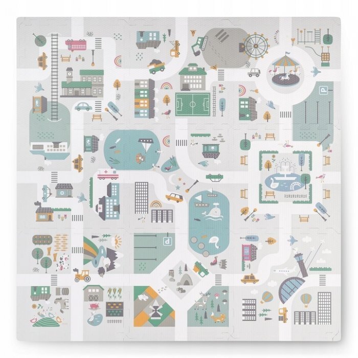 Nukido Covor puzzle multifunctional pentru copii Town 105x105x1 cm din spuma EVA inodora 9 piese cu doua fete izoleaza perfect de solmaterial anti-alunecarepiese cu functie de pioni