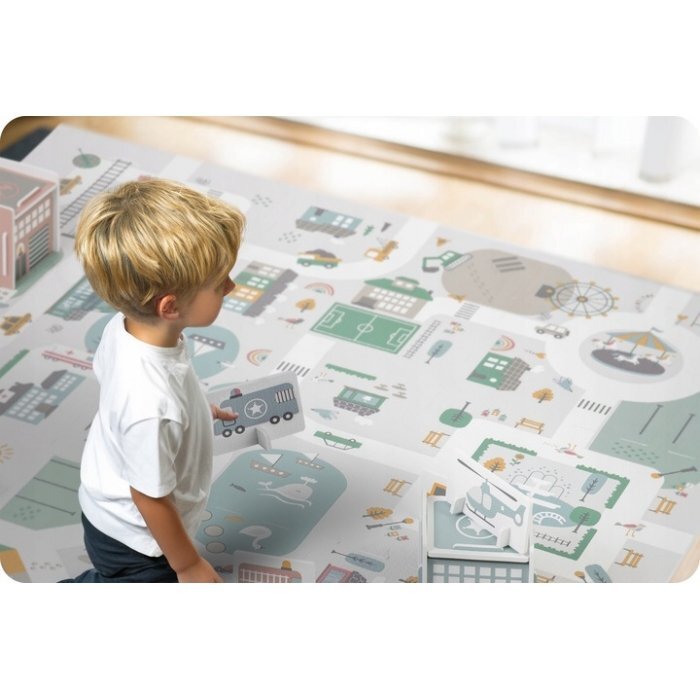 Nukido Covor puzzle multifunctional pentru copii Town 105x105x1 cm din spuma EVA inodora 9 piese cu doua fete izoleaza perfect de solmaterial anti-alunecarepiese cu functie de pioni