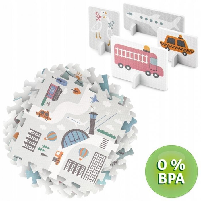Nukido Covor puzzle multifunctional pentru copii Town 105x105x1 cm din spuma EVA inodora 9 piese cu doua fete izoleaza perfect de solmaterial anti-alunecarepiese cu functie de pioni