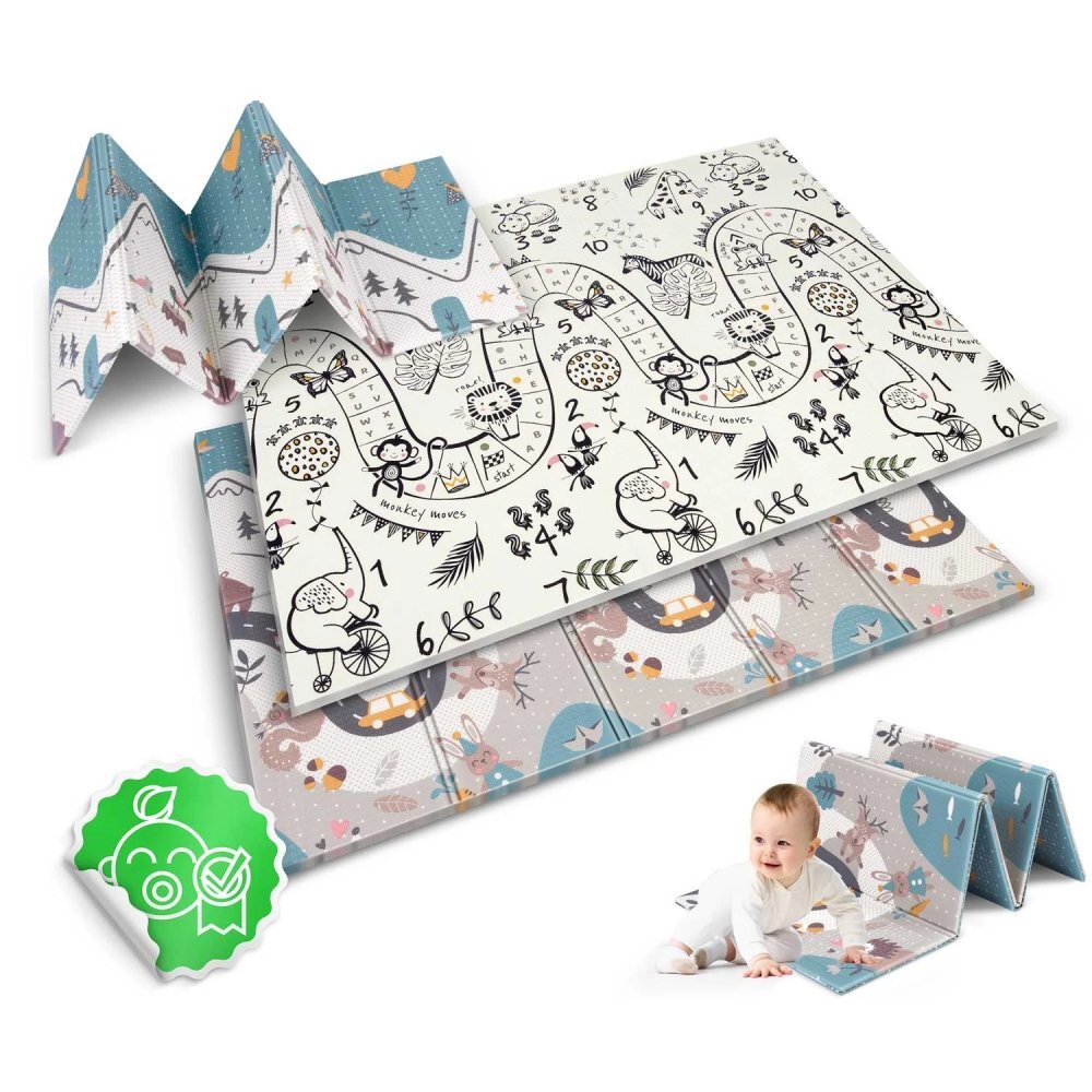 Nukido Covoras de joaca pentru copii cu doua fete Forest 200x150x1cmpliabilrealizat din spuma XPE inodorain cutie de carton ce se poate colora
