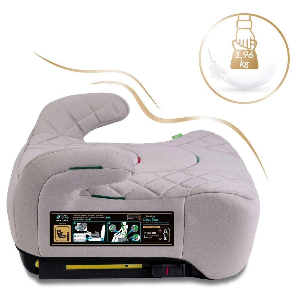 Nukido Inaltator auto copii Louis Bej 125-150 cm cu fixare isofixconectori telescopici cu sistem vizual fixare corectatapiterie de calitate superioarahusa detasabila si lavabilacotieredimensiune 32x37x22 cm
